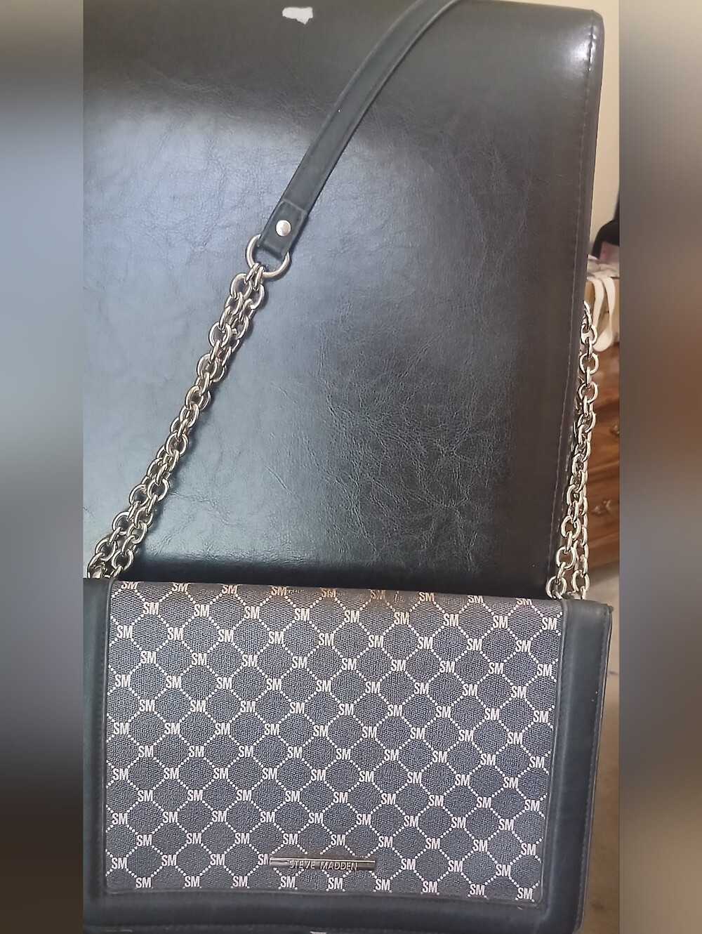 Steve Madden Black Logo Jacquard Chain Crossbody Bag